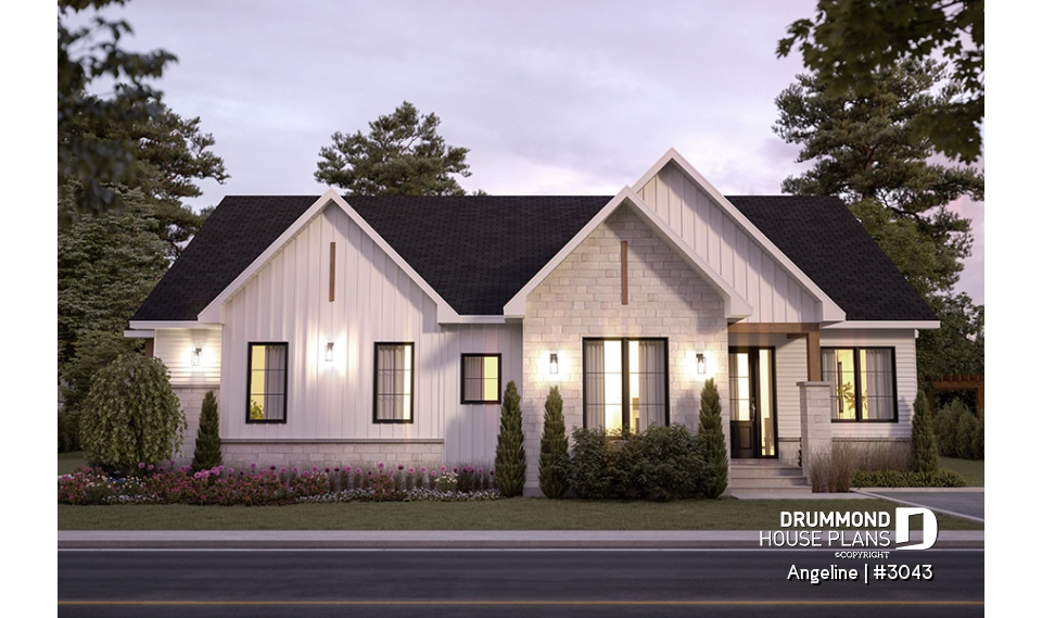 front - BASE MODEL - Spacious one-storey multi-generational home plan with 1 + 3 bedrooms, fireplace and laundry on main unit - Angeline