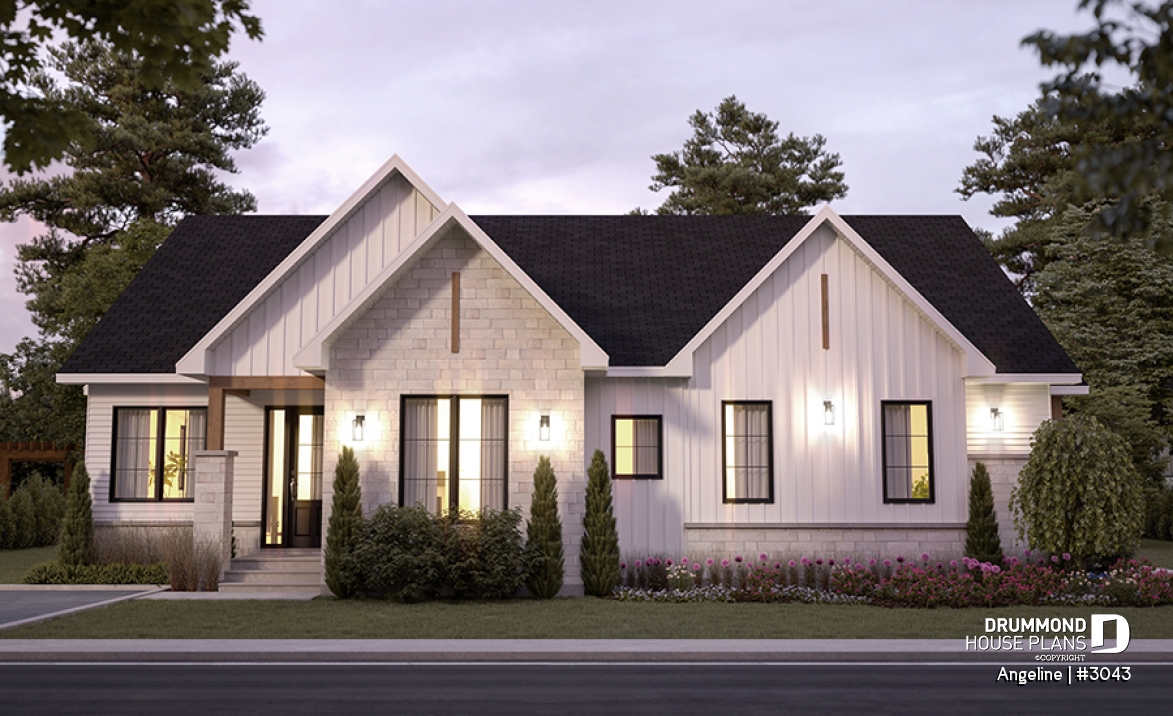 front - BASE MODEL - Spacious one-storey multi-generational home plan with 1 + 3 bedrooms, fireplace and laundry on main unit - Angeline