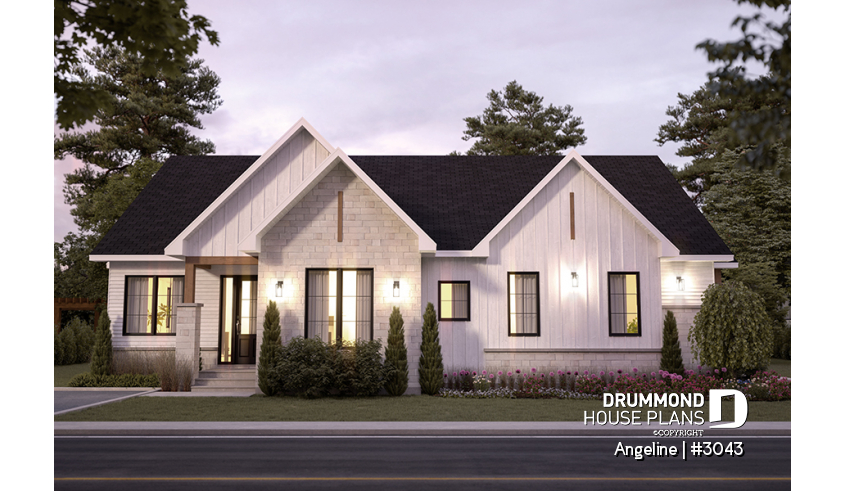 front - BASE MODEL - Spacious one-storey multi-generational home plan with 1 + 3 bedrooms, fireplace and laundry on main unit - Angeline