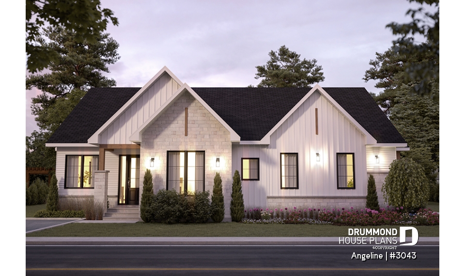 front - BASE MODEL - Spacious one-storey multi-generational home plan with 1 + 3 bedrooms, fireplace and laundry on main unit - Angeline