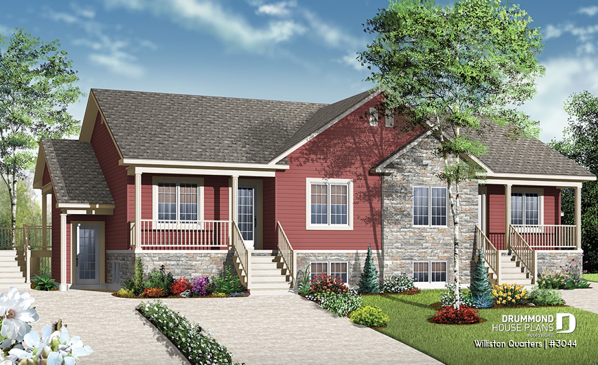 front - BASE MODEL - 4 unit apartment building plan, 2 bedrooms, laundry on each unit, great open floor plan concept - Williston Quarters