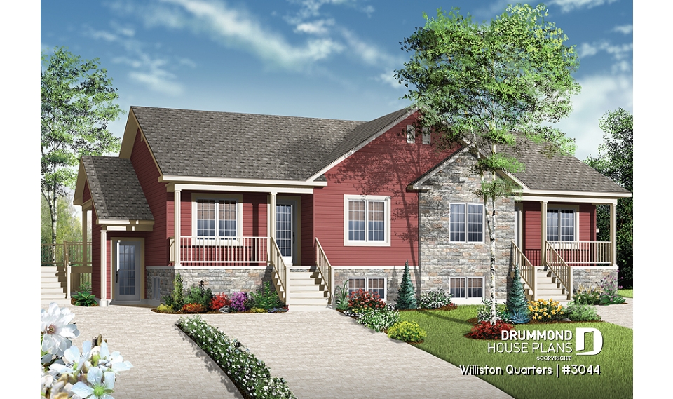 front - BASE MODEL - 4 unit apartment building plan, 2 bedrooms, laundry on each unit, great open floor plan concept - Williston Quarters