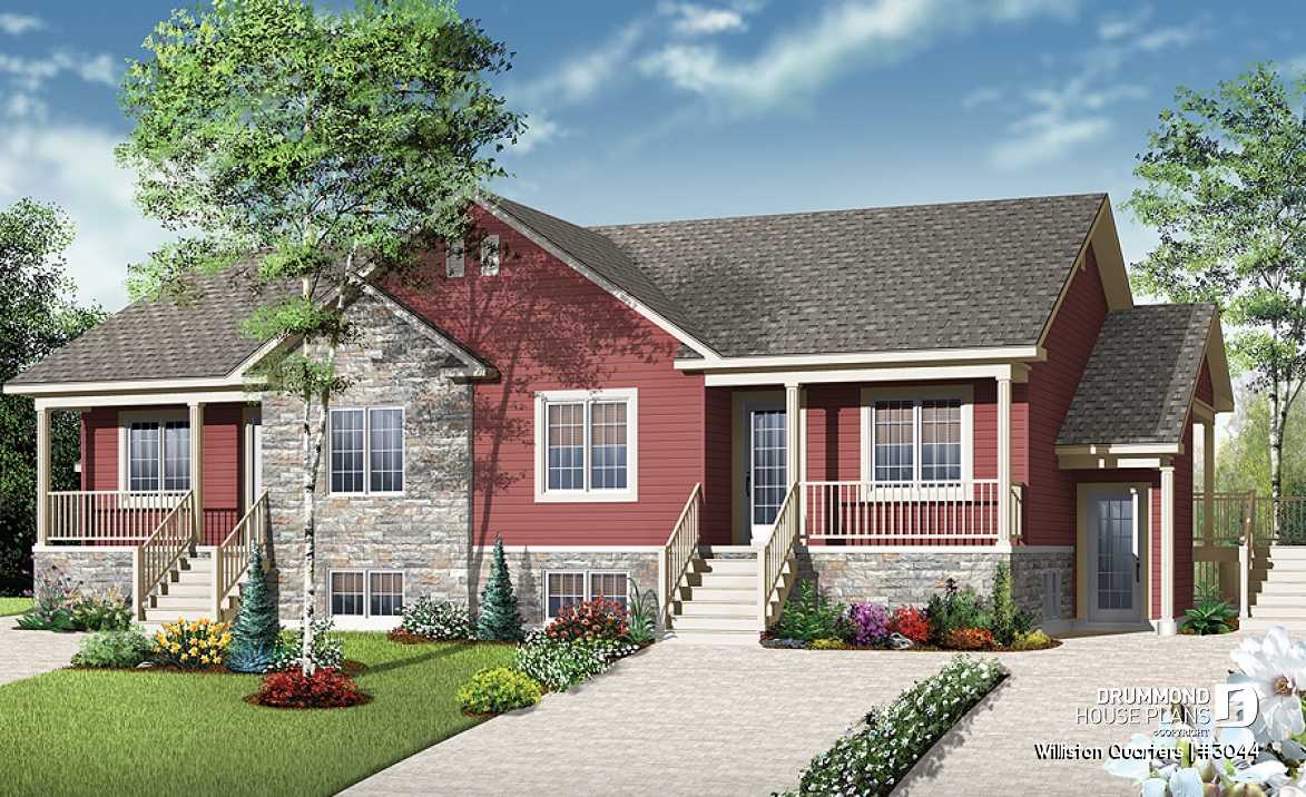 front - BASE MODEL - 4 unit apartment building plan, 2 bedrooms, laundry on each unit, great open floor plan concept - Williston Quarters
