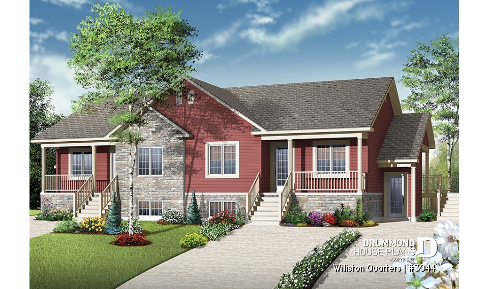 front - BASE MODEL - 4 unit apartment building plan, 2 bedrooms, laundry on each unit, great open floor plan concept - Williston Quarters