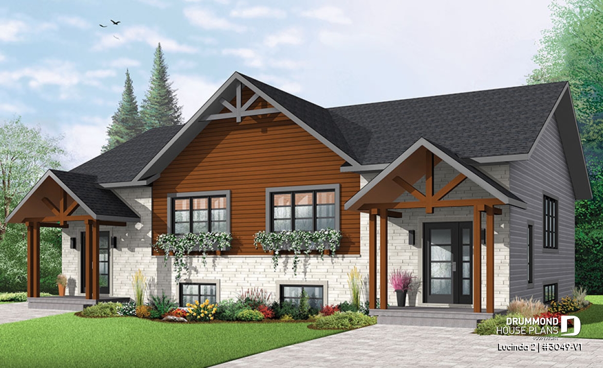 front - BASE MODEL - Modern rustic duplex house plan, open floor plan concept with 3 bedrooms and 2 full bathrooms - Lucinda 2