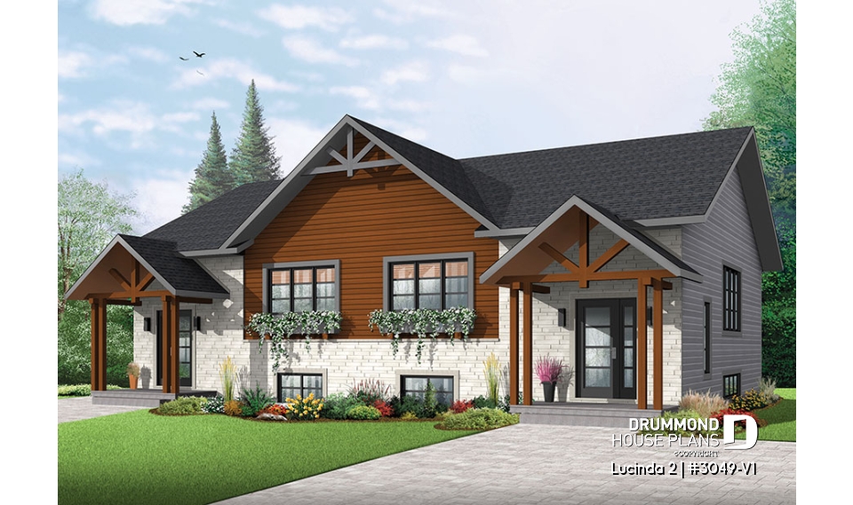front - BASE MODEL - Modern rustic duplex house plan, open floor plan concept with 3 bedrooms and 2 full bathrooms - Lucinda 2