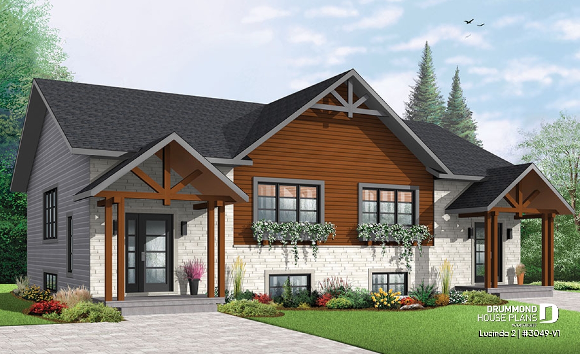 front - BASE MODEL - Modern rustic duplex house plan, open floor plan concept with 3 bedrooms and 2 full bathrooms - Lucinda 2