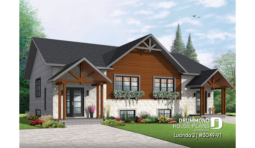 front - BASE MODEL - Modern rustic duplex house plan, open floor plan concept with 3 bedrooms and 2 full bathrooms - Lucinda 2