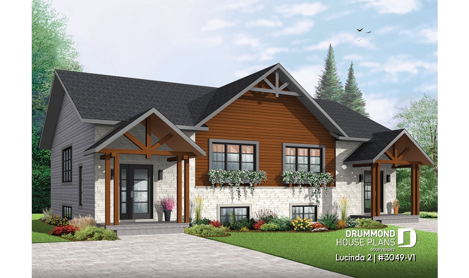 front - BASE MODEL - Modern rustic duplex house plan, open floor plan concept with 3 bedrooms and 2 full bathrooms - Lucinda 2