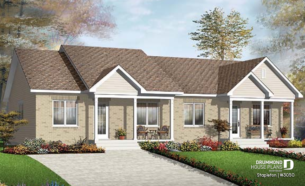front - BASE MODEL - Economical 2 bedroom duplex house plan, nice front porch, laundry closet on main, lunch-counter - Stapleton