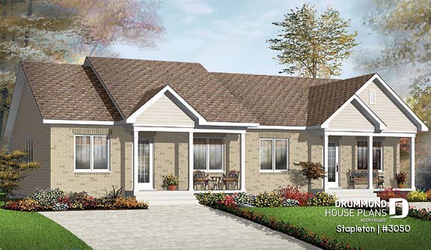 front - BASE MODEL - Economical 2 bedroom duplex house plan, nice front porch, laundry closet on main, lunch-counter - Stapleton