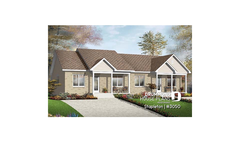 front - BASE MODEL - Economical 2 bedroom duplex house plan, nice front porch, laundry closet on main, lunch-counter - Stapleton