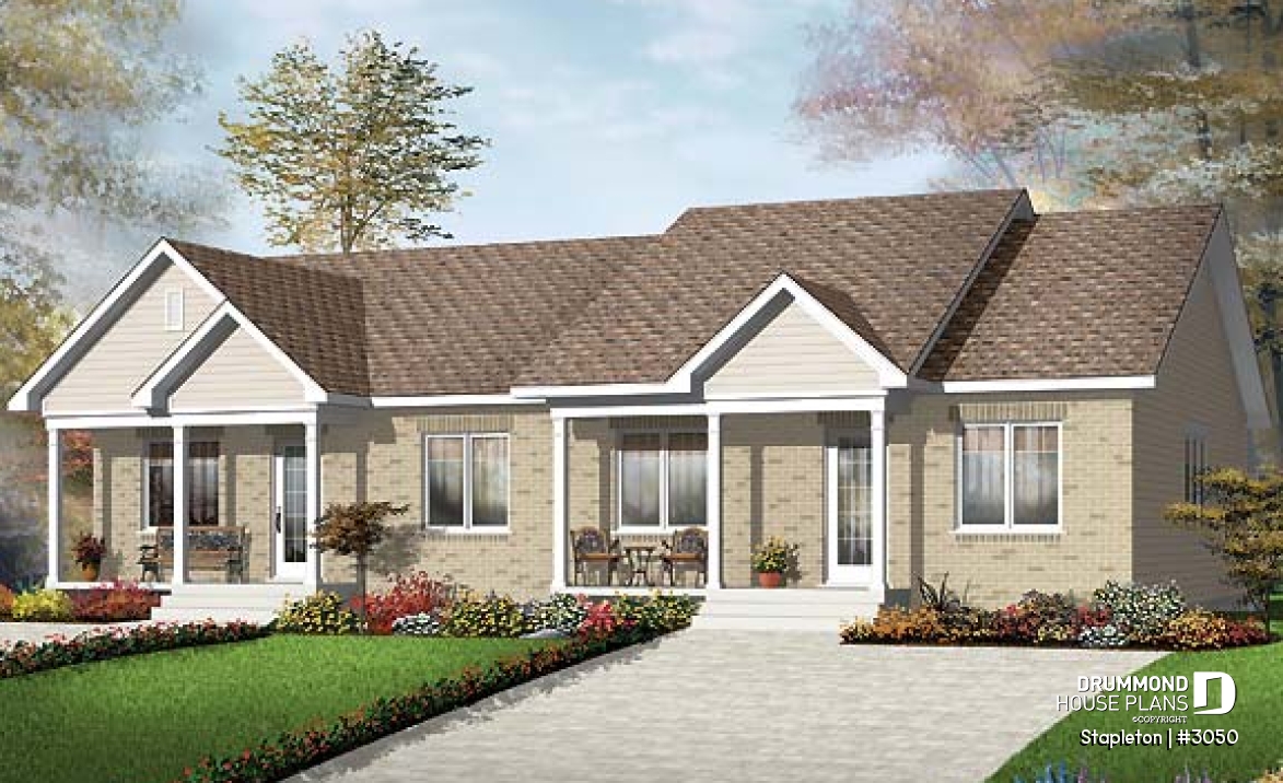 front - BASE MODEL - Economical 2 bedroom duplex house plan, nice front porch, laundry closet on main, lunch-counter - Stapleton