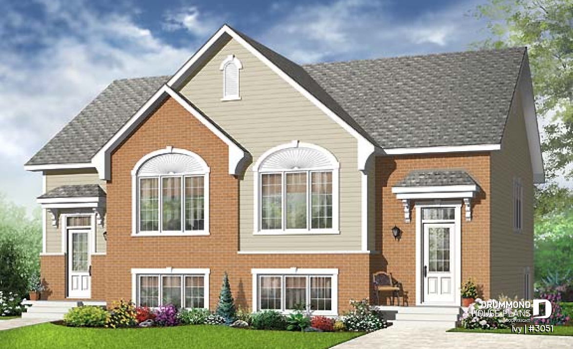 front - BASE MODEL - Traditional style semi-detached house plan, 3 bedrooms, computer corner, half bath on main floor - Ivy