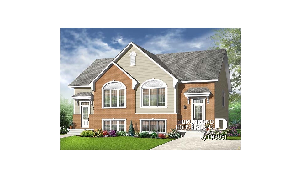 front - BASE MODEL - Traditional style semi-detached house plan, 3 bedrooms, computer corner, half bath on main floor - Ivy
