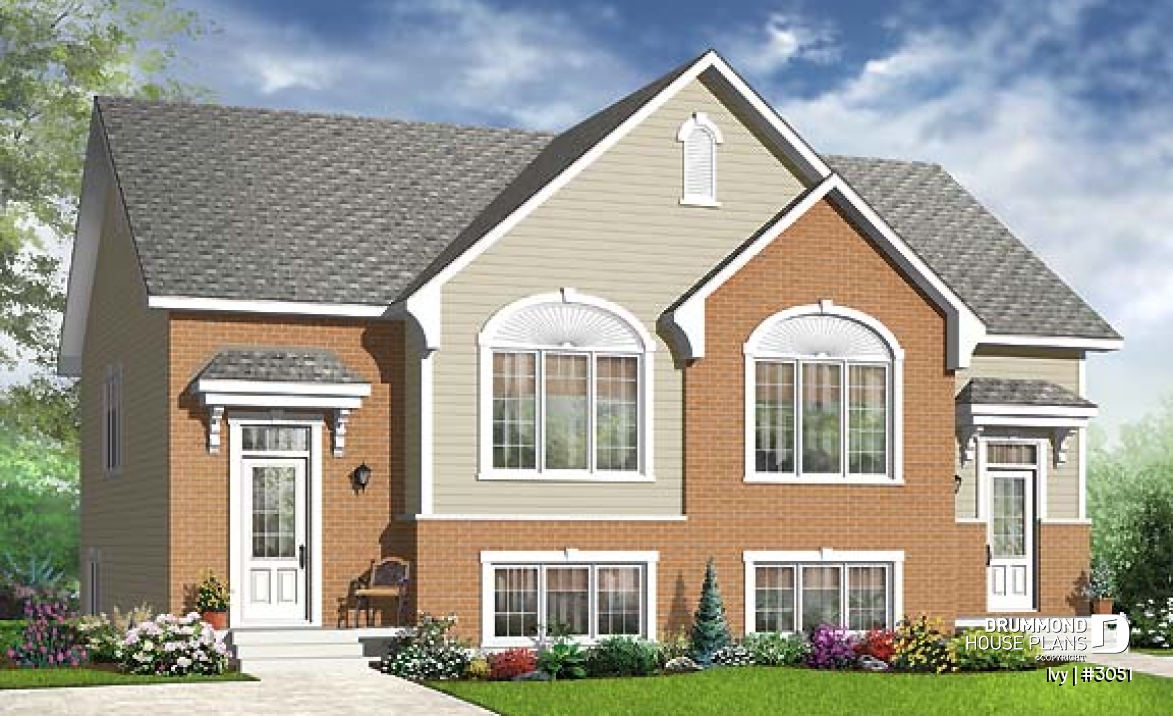 front - BASE MODEL - Traditional style semi-detached house plan, 3 bedrooms, computer corner, half bath on main floor - Ivy