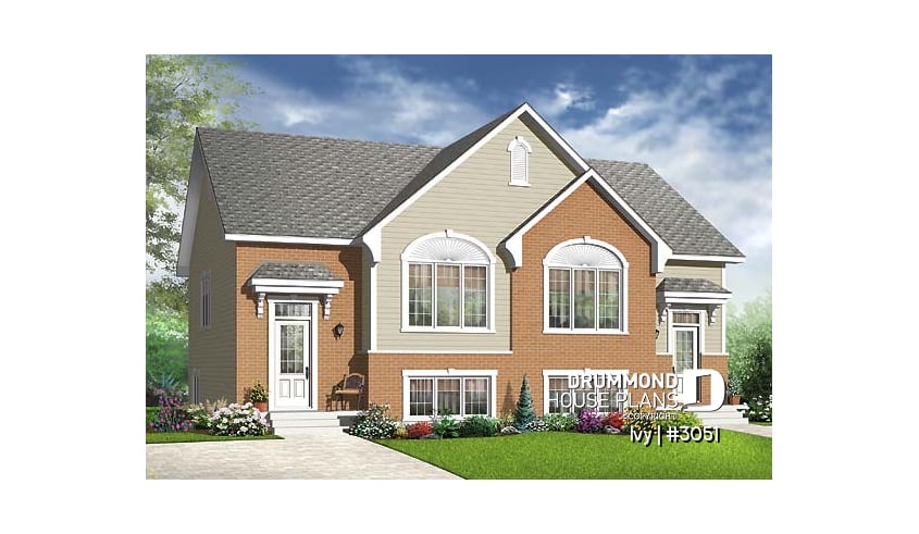 front - BASE MODEL - Traditional style semi-detached house plan, 3 bedrooms, computer corner, half bath on main floor - Ivy
