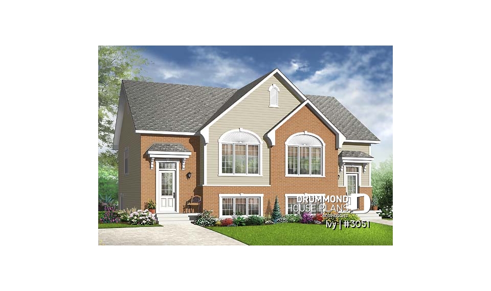 front - BASE MODEL - Traditional style semi-detached house plan, 3 bedrooms, computer corner, half bath on main floor - Ivy
