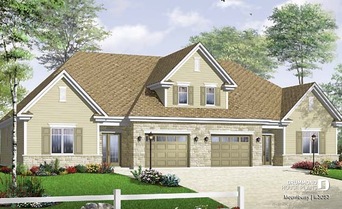 front - BASE MODEL - Duplex plan with 3 bedrooms and master suite on each unit + garage - Mountberry