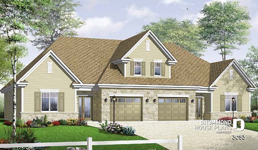 front - BASE MODEL - Duplex plan with 3 bedrooms and master suite on each unit + garage - Mountberry