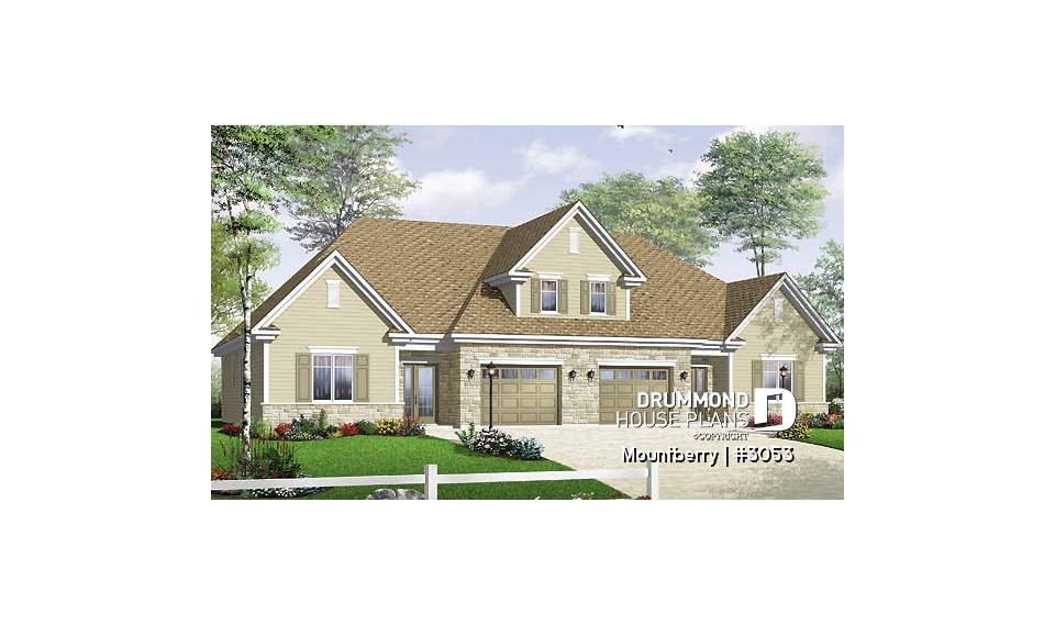 front - BASE MODEL - Duplex plan with 3 bedrooms and master suite on each unit + garage - Mountberry