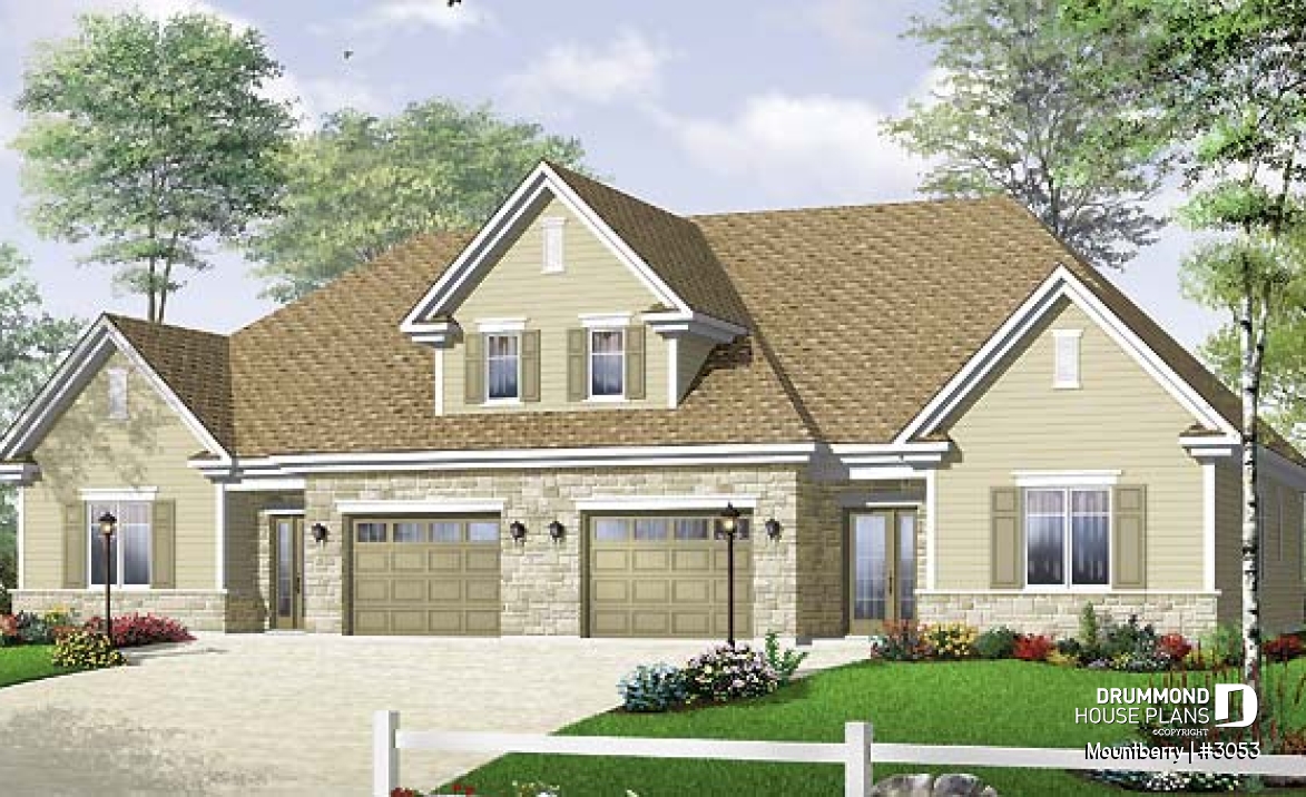 front - BASE MODEL - Duplex plan with 3 bedrooms and master suite on each unit + garage - Mountberry