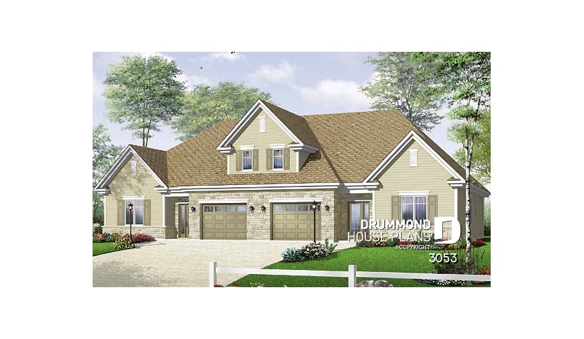front - BASE MODEL - Duplex plan with 3 bedrooms and master suite on each unit + garage - Mountberry