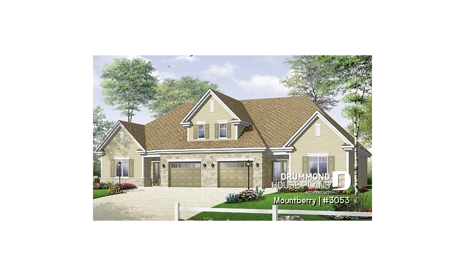 front - BASE MODEL - Duplex plan with 3 bedrooms and master suite on each unit + garage - Mountberry