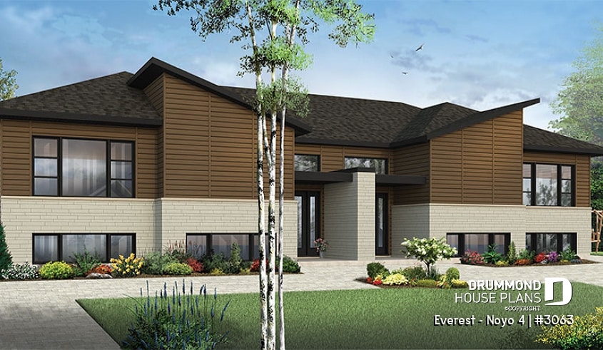 front - BASE MODEL - Modern duplex house plan with open concept, 1 to 4 bedrooms, master bedroom on main floor - Everest