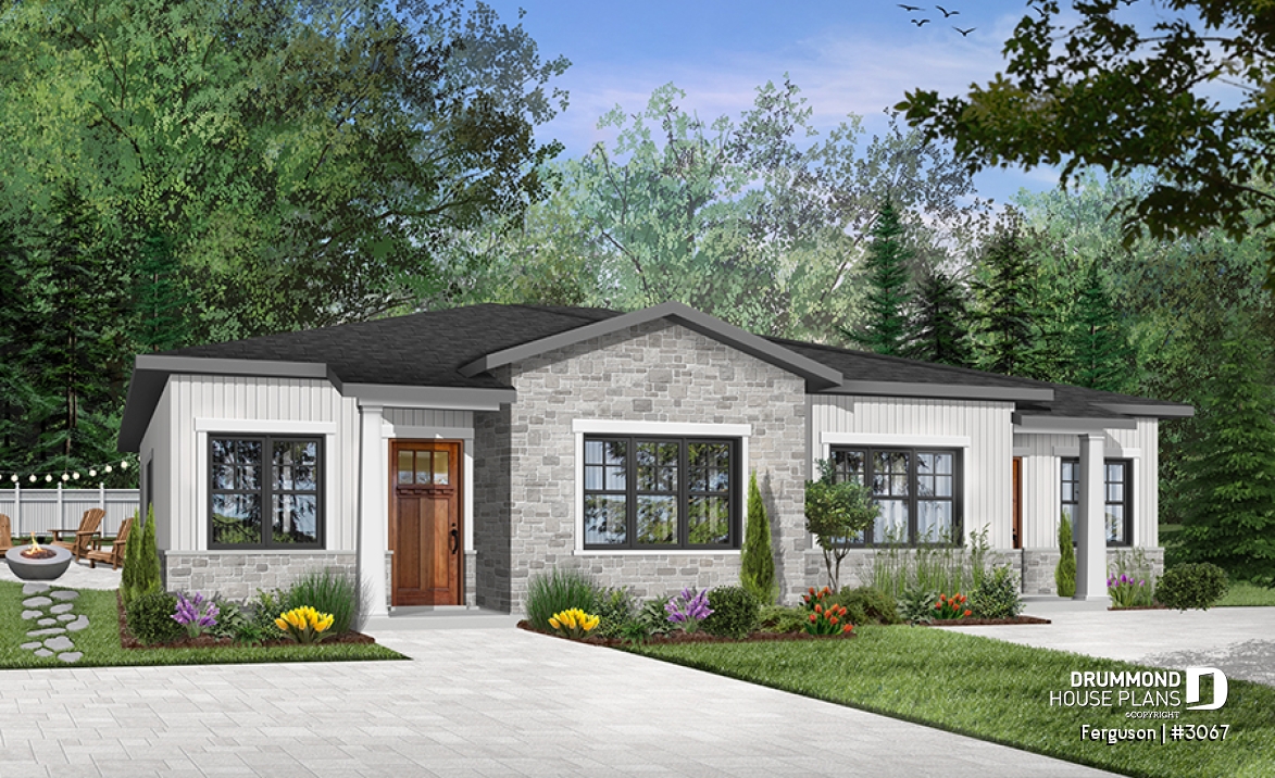 Color version 1 - Front - Duplex plan with large master suite, open floor plan kitchen, dining and living room, guest bedroom with bath - Ferguson