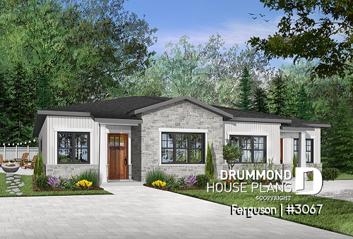 Color version 1 - Front - Duplex plan with large master suite, open floor plan kitchen, dining and living room, guest bedroom with bath - Ferguson