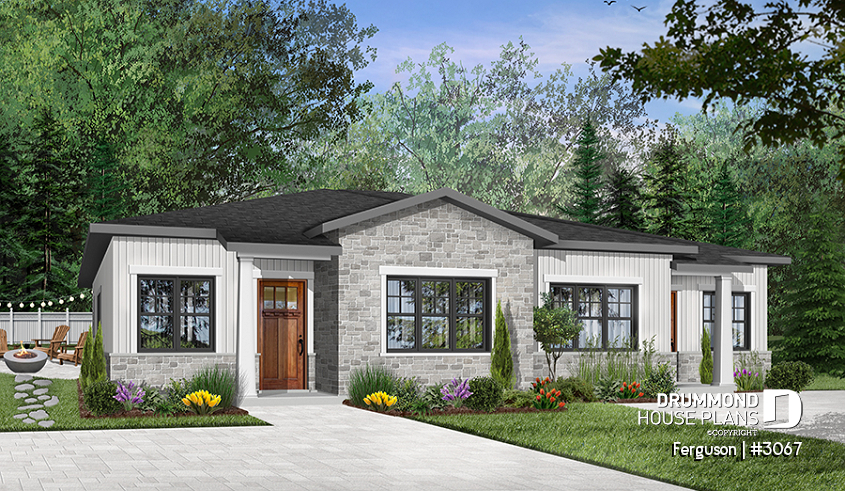 Color version 1 - Front - Duplex plan with large master suite, open floor plan kitchen, dining and living room, guest bedroom with bath - Ferguson