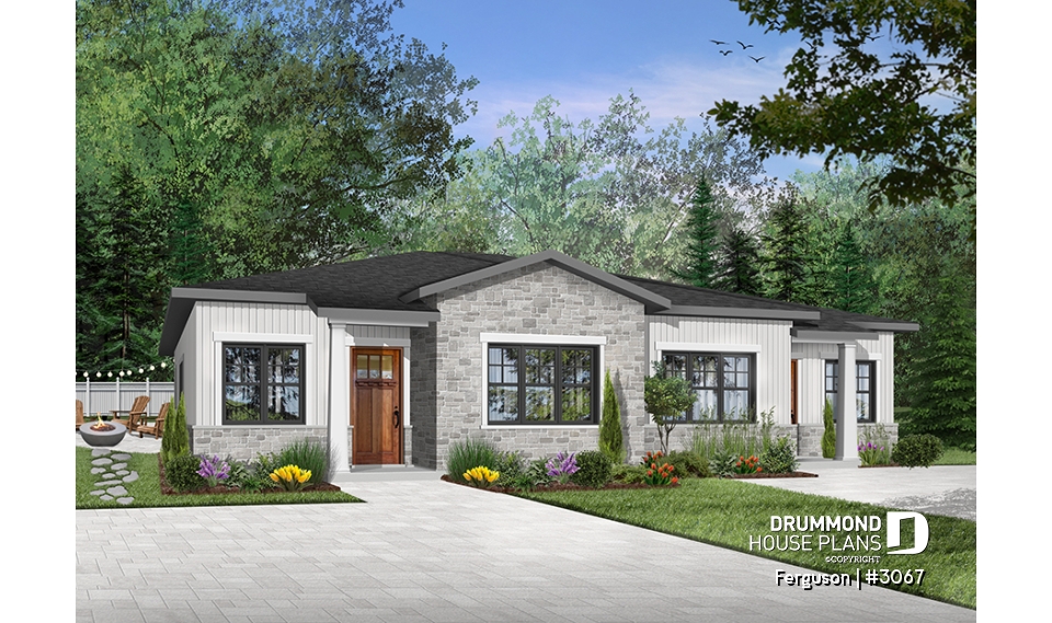 Color version 1 - Front - Duplex plan with large master suite, open floor plan kitchen, dining and living room, guest bedroom with bath - Ferguson