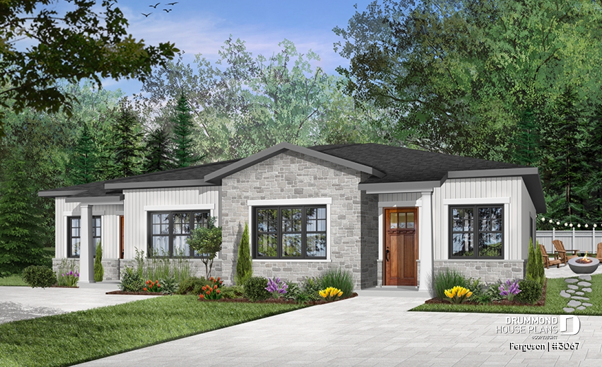 Color version 1 - Front - Duplex plan with large master suite, open floor plan kitchen, dining and living room, guest bedroom with bath - Ferguson