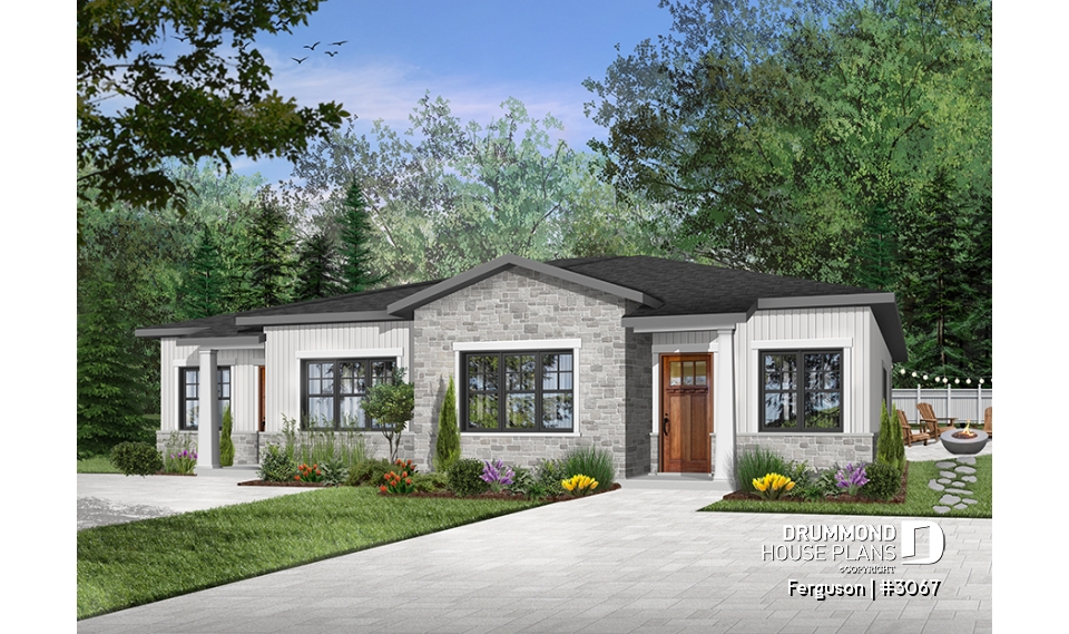 Color version 1 - Front - Duplex plan with large master suite, open floor plan kitchen, dining and living room, guest bedroom with bath - Ferguson