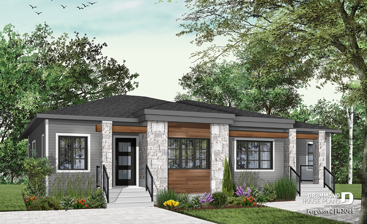 Color version 4 - Front - Modern duplex house plan with 2 bedrooms per unit, large family bathroom, unfinished basement, kitchen island - Ferguson 2