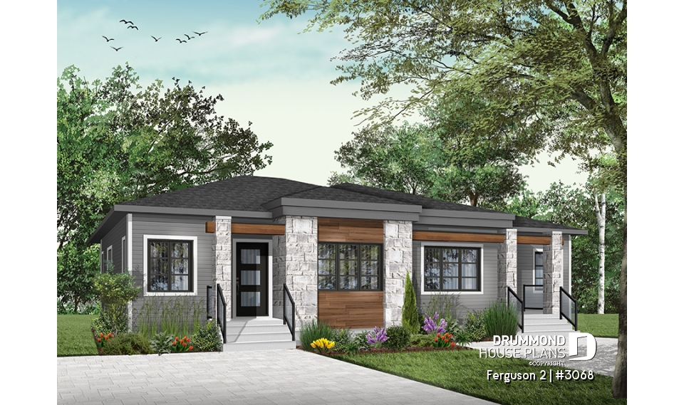 Color version 4 - Front - Modern duplex house plan with 2 bedrooms per unit, large family bathroom, unfinished basement, kitchen island - Ferguson 2