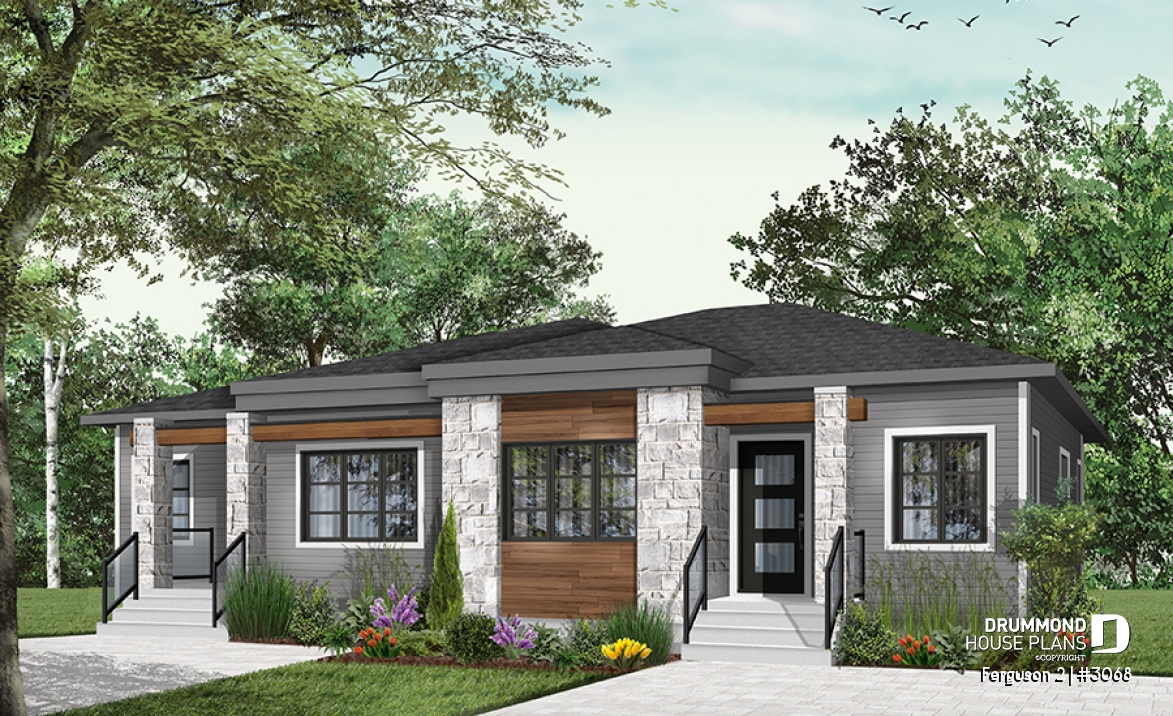 Color version 4 - Front - Modern duplex house plan with 2 bedrooms per unit, large family bathroom, unfinished basement, kitchen island - Ferguson 2