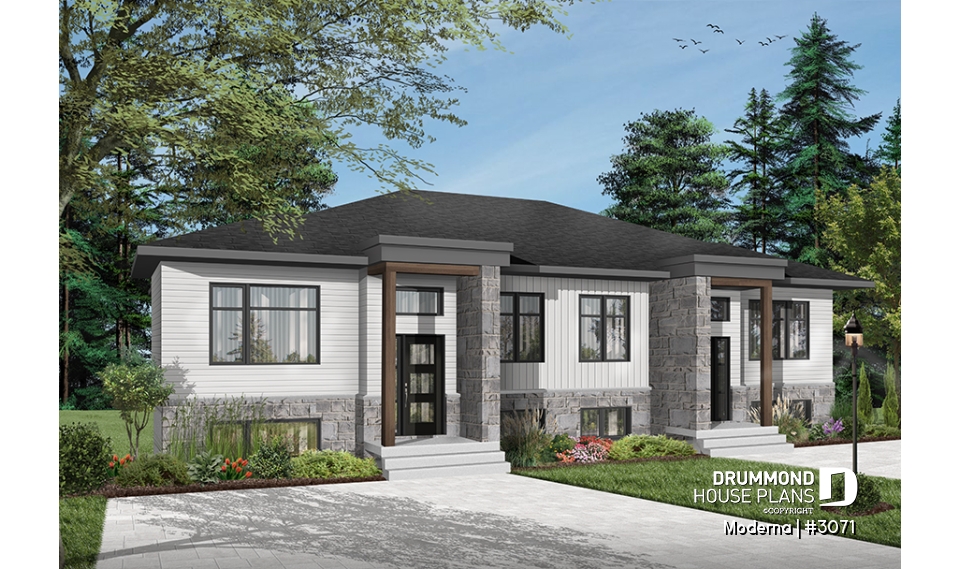 Color version 7 - Front - Modern duplex house plan with 2-4 bedrooms, 1-2 bathrooms and 1-2 family rooms per unit - Moderna