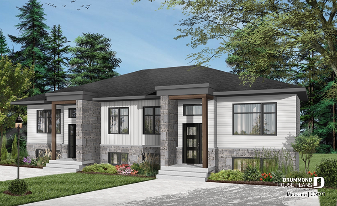 Color version 7 - Front - Modern duplex house plan with 2-4 bedrooms, 1-2 bathrooms and 1-2 family rooms per unit - Moderna