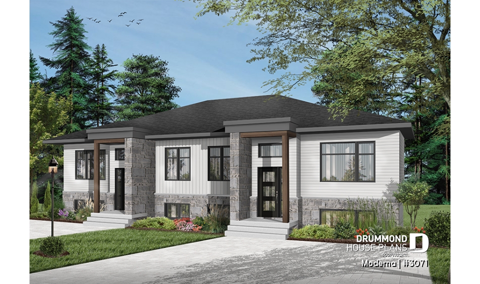 Color version 7 - Front - Modern duplex house plan with 2-4 bedrooms, 1-2 bathrooms and 1-2 family rooms per unit - Moderna
