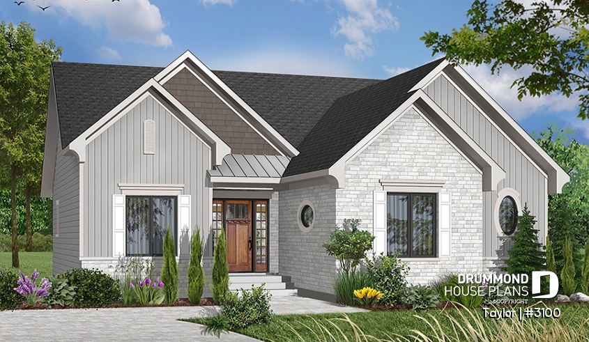 Color version 5 - Front - 3 Bedrooom bungalow house plan,superb open concept kitchen, dining and family room with 2-sided fireplace - Plymouth