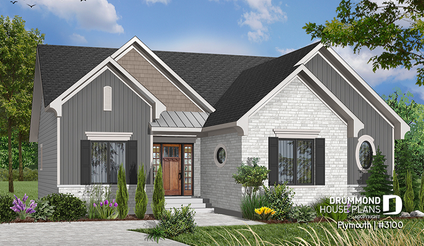 Color version 8 - Front - 3 Bedrooom bungalow house plan,superb open concept kitchen, dining and family room with 2-sided fireplace - Plymouth