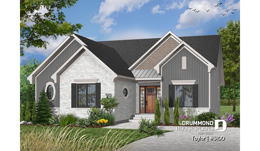 Color version 8 - Front - 3 Bedrooom bungalow house plan,superb open concept kitchen, dining and family room with 2-sided fireplace - Plymouth
