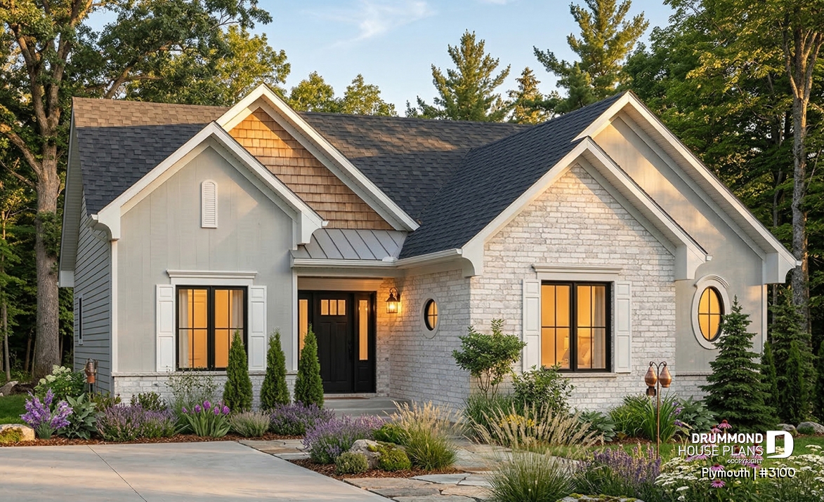 front - BASE MODEL - 3 Bedrooom bungalow house plan,superb open concept kitchen, dining and family room with 2-sided fireplace - Plymouth