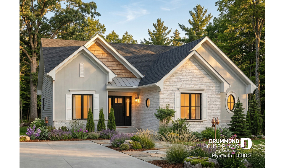 front - BASE MODEL - 3 Bedrooom bungalow house plan,superb open concept kitchen, dining and family room with 2-sided fireplace - Plymouth