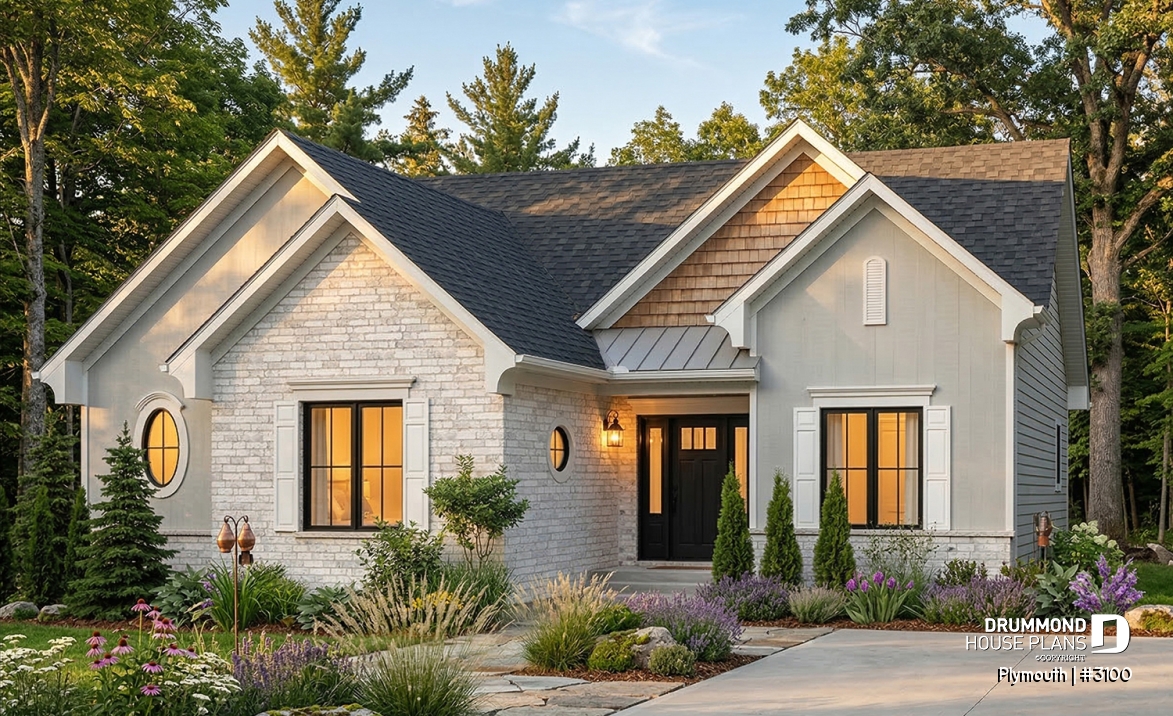 front - BASE MODEL - 3 Bedrooom bungalow house plan,superb open concept kitchen, dining and family room with 2-sided fireplace - Plymouth