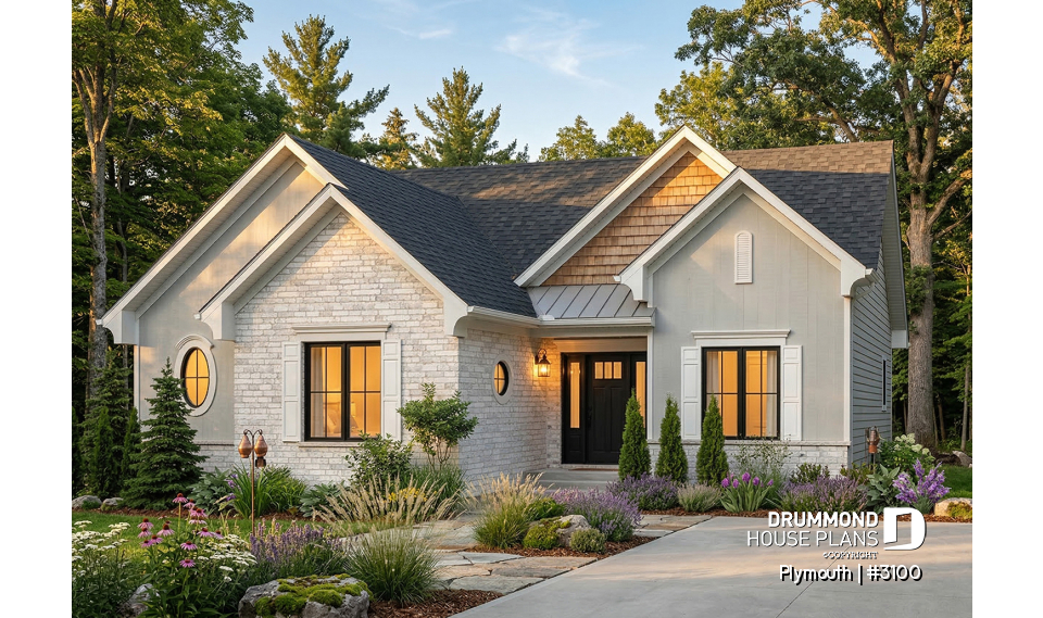 front - BASE MODEL - 3 Bedrooom bungalow house plan,superb open concept kitchen, dining and family room with 2-sided fireplace - Plymouth