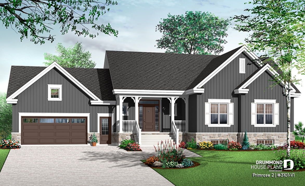 Color version 2 - Front - 3 to 6 bedrooms Ranch style Bungalow house plan, 2 family rooms, computer area, great floor plans - Primrose 2