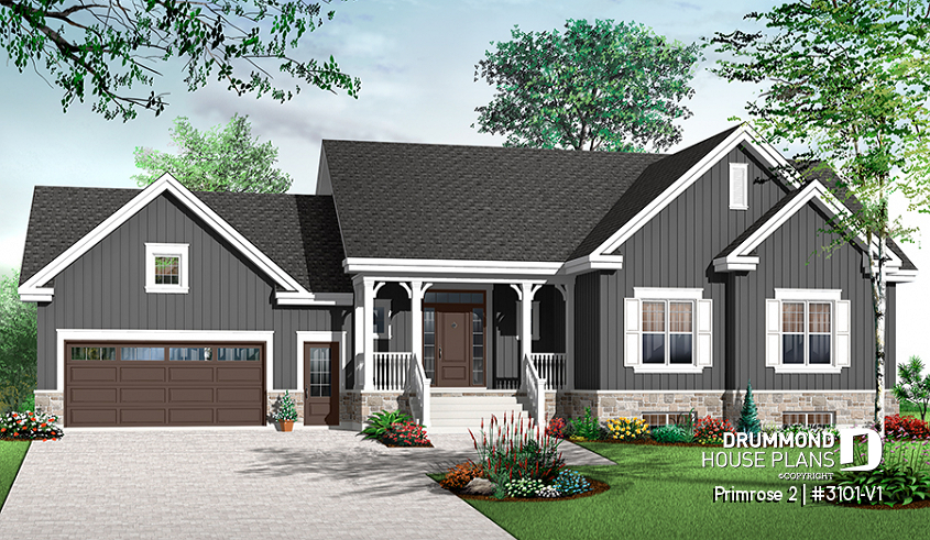 Color version 2 - Front - 3 to 6 bedrooms Ranch style Bungalow house plan, 2 family rooms, computer area, great floor plans - Primrose 2